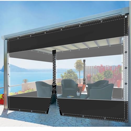 SDLLG Transparente Trennvorhänge mit Ösen, PVC Outdoor Planenvorhänge 0,5mm Klar Seitenplane für Pavillons, Pergola, Balkon e, Gärten,Vorbau 2x2.6m(HxL) Schwarz mit 1 Reißverschluss von SDLLG