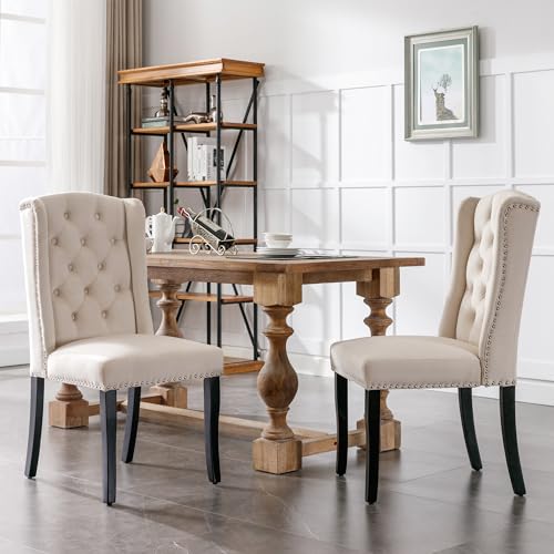 SDMINGPENG Samt Esszimmerstühle 2er Set in Beige, Eichenholzbeinen Bequeme Küchenstühle, Knopfheftung Chromgriff silbernen Ziernägeln ergonomischer Rückenlehne, S-Feder Polsterung von SDMINGPENG