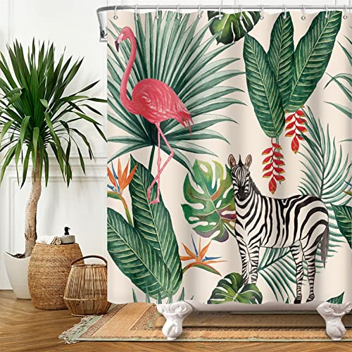 SDOTPMT 105x160cm Flamingo Duschvorhang Tropisch Palme Grüne Blätter Bananenblatt Pferd Badevorhang Sommer Thema Badewanne Vorhang Stoff Polyester Wasserdicht für Badezimmer mit Haken von SDOTPMT