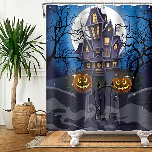 SDOTPMT 105x160cm Grusel Halloween Duschvorhang Kürbis Beleuchtung Schloss Vollmond Badevorhang Baum Geäst Halloween Eva Albtraum Badewanne Vorhang Wasserdicht für Badezimmer Badevorhang mit Haken von SDOTPMT