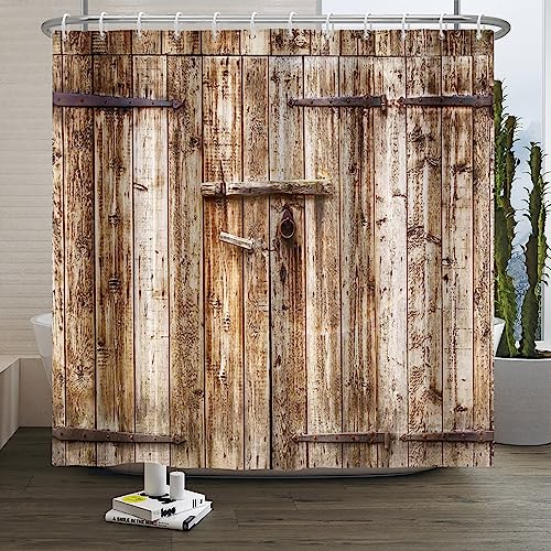 SDOTPMT 105x160cm Holz Planke Duschvorhang Jahrgang Braun Scheune Tür Badevorhang Holz Rustikal Boden Bauernhaus Ländlich Landschaft Badewanne Vorhang Polyester für Badezimmer Badevorhang mit Haken von SDOTPMT