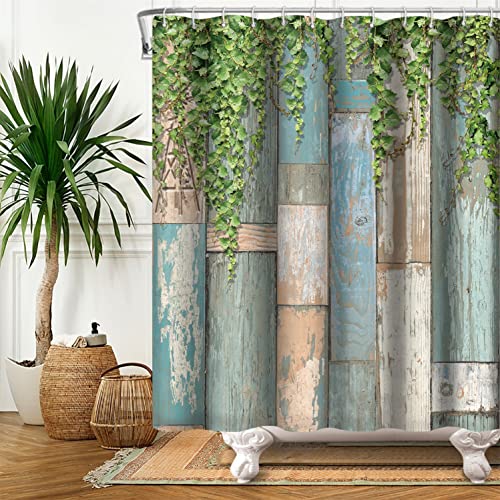 SDOTPMT 105x160cm Jahrgang Hölzern Boden Duschvorhang Grüne Blätter Bunt Holz Planke Badevorhang Bauernhaus Ländlich Land Badewanne Vorhang Stoff Polyester für Kind Badezimmer mit Haken von SDOTPMT