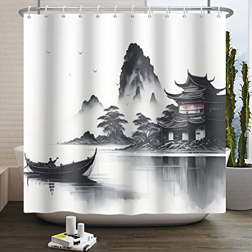 SDOTPMT 105x160cm Japanische asiatische Tinte Malerei Duschvorhang Foggy Mountain Boat Wilde Gans Badewanne Vorhang Outdoor Natürliche Landschaft Bad Vorhang für Badezimmer Dekor mit Haken von SDOTPMT