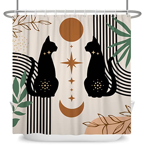 SDOTPMT 105x160cm Katze Silhouette Duschvorhang Braun Sonne Mond Mitte des Jahrhunderts Abstrakt Kunst Badevorhang Gewölbt Streifen Boho Stil Badewannenvorhang für Badezimmer Polyester mit Haken von SDOTPMT