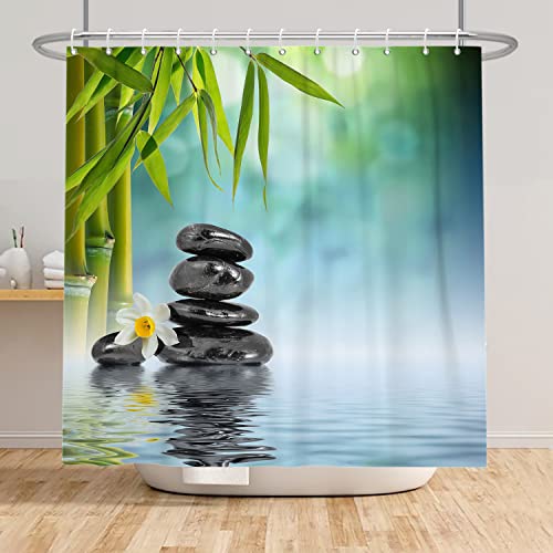 SDOTPMT 105x160cm Kurort Japanisch Thema Duschvorhang Grün Bambus Blätter Orchidee Basalt Steine Badevorhang Zen Meditation Badewannenvorhang für Badezimmer Polyester mit Haken von SDOTPMT