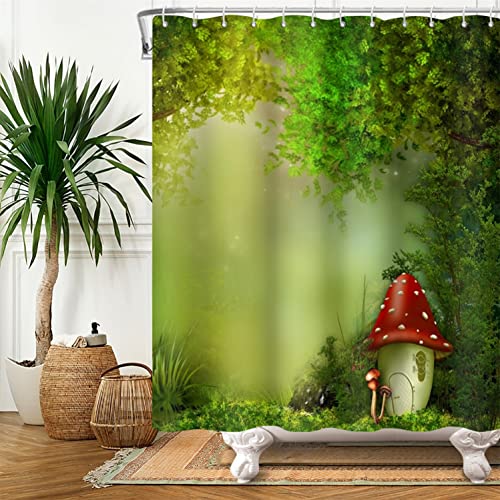 SDOTPMT 105x160cm Magie Wald Duschvorhang Märchen Pilz Fantasie Urwald Baum Badevorhang Grün Anlage Grünland Blätter Badewannenvorhang für Badezimmer Polyester mit Haken von SDOTPMT