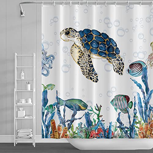 SDOTPMT 105x160cm Meeresschildkröte Duschvorhang Schildkröte Tropisch Bunt Fische Seetang Badevorhang Unterwasser Marine Kreatur Weiß Badewannenvorhang für Kinder Badezimmer Polyester mit Haken von SDOTPMT