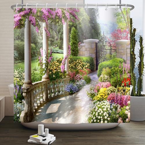 SDOTPMT 105x160cm Schöne Garten Landschaft Duschvorhang Vintage Garten Architektur Säulen Blühende Blumen Bad Vorhang 3D Duschvorhang Badezimmer Langlebig und waschbar mit Haken von SDOTPMT