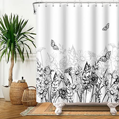 SDOTPMT 105x160cm Skizze Malerei Duschvorhang Sommer Daisy Blume Schmetterling Blätter Schwarz Weiß Bad Vorhang Bauernhaus Feld Badewanne Vorhang für Kind Badezimmer Dekor mit Haken von SDOTPMT