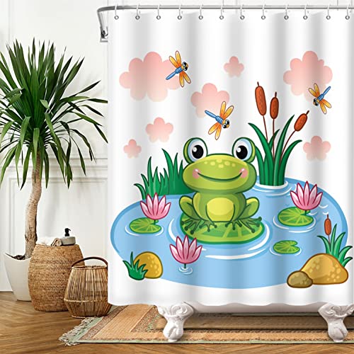 SDOTPMT 105x160cm Süß Frosch Duschvorhang Karikatur Frosch an Lotus Blatt Teich Blume Libelle Badevorhang Sommer Tier Weiß Badewannenvorhang für Kinder Badezimmer Polyester Wasserdicht mit Haken von SDOTPMT