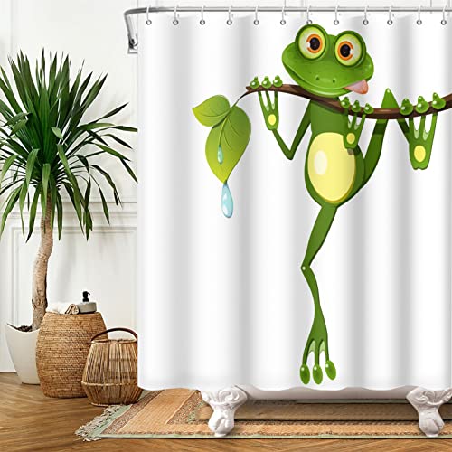 SDOTPMT 105x160cm Süß Karikatur Frosch Duschvorhang Wenig Frosch an Baum Zweig Grün Laub Badevorhang Sommer Tier Weiß Badewannenvorhang für Kinder Badezimmer Polyester Wasserdicht mit Haken von SDOTPMT