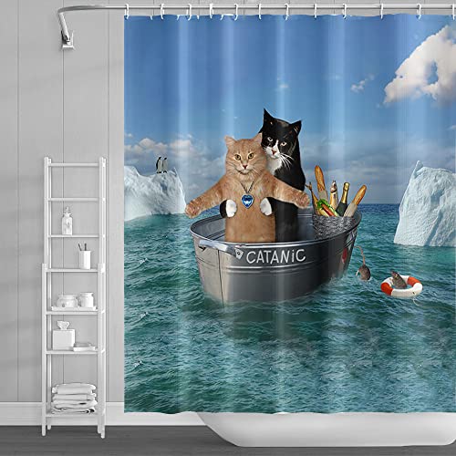 SDOTPMT 105x160cm Süß Katze Duschvorhang Komisch Haustier Kätzchen Paar Cosplay Boot Südpol Pinguin Badevorhang Blau Ozean Badewannenvorhang für Kinder Badezimmer Polyester Wasserdicht mit Haken von SDOTPMT