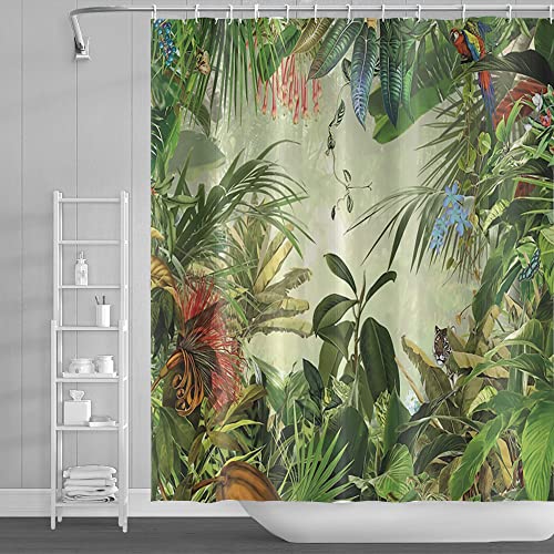 SDOTPMT 105x160cm Tropisch Regenwald Duschvorhang Neblig Urwald Grün Palmblätter Blume Badevorhang Natur Landschaft Badewannenvorhang für Badezimmer Dekor Stoff Polyester Wasserdicht mit Haken von SDOTPMT