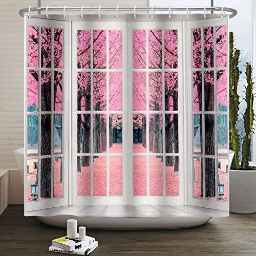 SDOTPMT 105x160cm Weißer Plank Fenster Blick Duschvorhang Frühling Rosa Kirschblüte Bad Vorhang Wald Floral Park Straßenlandschaft Wasserdichter Badezimmer Vorhang Polyester wasserdicht mit Haken von SDOTPMT