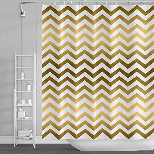 SDOTPMT 105x160cm Welle Streifen Duschvorhang Golden Weiß Gradient Horizontal Wellenförmig Zickzack Badevorhang Abstrakt Geometrisch Badewannenvorhang für Kinder Badezimmer Polyester mit Haken von SDOTPMT