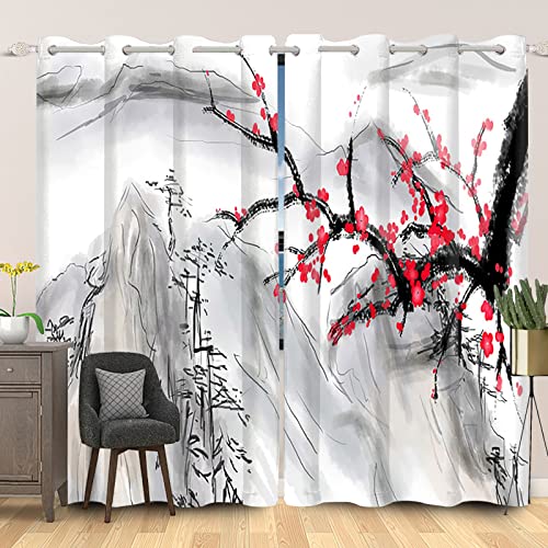 SDOTPMT 107x160cm Abstrakt Berg Rot Kirsche Blüte Fenstervorhang Japanisch Tuschemalerei vorhänge Orientalisch Traditionell Blickdichte Vorhänge für Wohnzimmer Verdunkelung Vorhänge, 2 Stücke von SDOTPMT