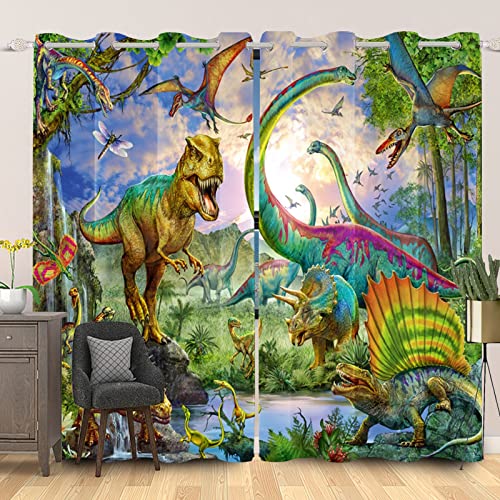 SDOTPMT 107x160cm Dinosaurier Fenstervorhang Alt Wild Tier Gras Wald Kinder Schiebevorhänge Tierwelt Natürlich Landschaft Blickdichte Vorhänge für Wohnzimmer Verdunkelung Vorhänge, 2 Stücke von SDOTPMT