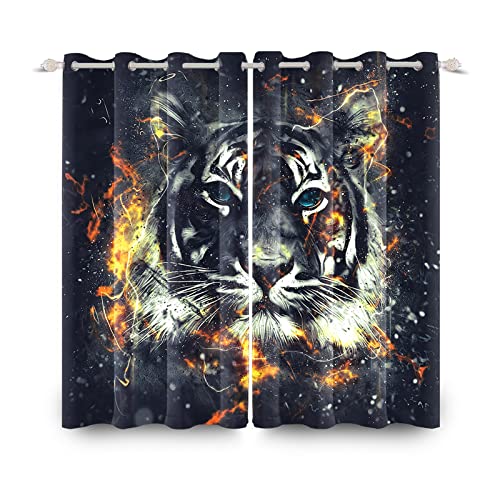 SDOTPMT 107x160cm Heftig Tiger mit Feuer Fenstervorhang Weiß Tiger Schwarzer Hintergrund Fenstervorhänge Natur Tierwelt Fenster Vorhänge für Schlafzimmer Lichtblockierung Vorhang, 2 Stücke von SDOTPMT