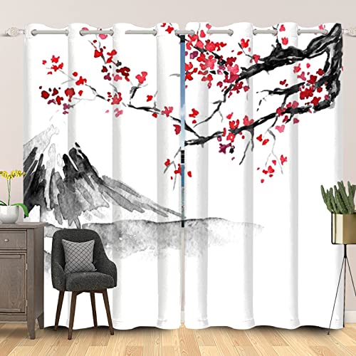 SDOTPMT 107x160cm Japanisch Tuschemalerei Fenstervorhang Rot Kirsche Blüte Berg Fenstervorhänge Orientalisch Traditionell Blickdichte Vorhänge für Wohnzimmer Verdunkelung Vorhänge, 2 Stücke von SDOTPMT