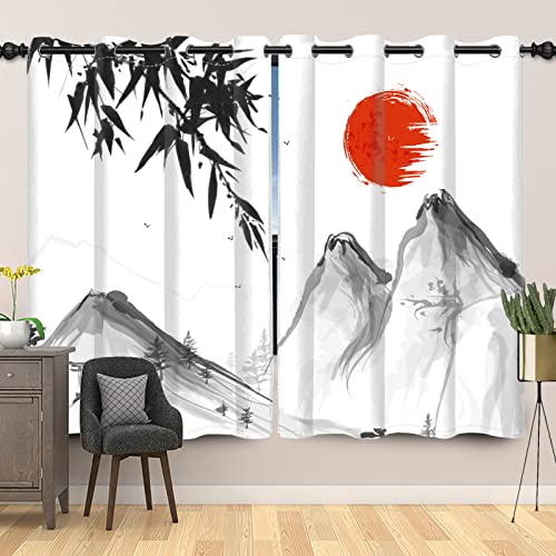 SDOTPMT 107x160cm Japanisch Tuschemalerei Klassisch Fenstervorhang Bambus Blätter Mt Fuji Rot Sonne Fenstervorhänge Orientalisch Traditionell Schiebevorhang für Wohnzimmer Schlafzimmer, 2 Stücke von SDOTPMT