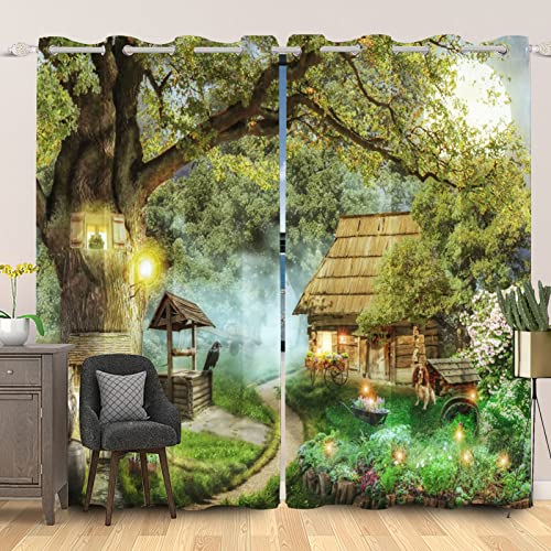 SDOTPMT 107x160cm Magie Baum Fenstervorhang Hölzern Haus Neblig Wald Laterne Märchen Fenstervorhang Farm Natürlich Landschaft Blickdichte Vorhänge für Wohnzimmer Verdunkelung Vorhänge, 2 Stücke von SDOTPMT