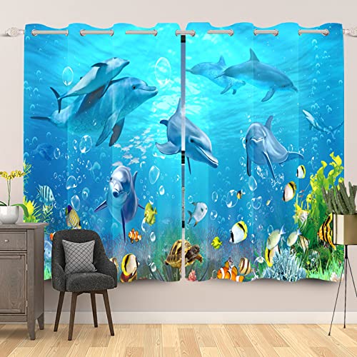 SDOTPMT 107x160cm Tropischer Ozean Wal Fenstervorhang Süßer Fisch Schildkröte Delfin Koralle Unterwasserwelt für Kinder Fenster vorhänge Thermisch isoliert Vorhang für Schlafzimmer, 2 Stücke von SDOTPMT