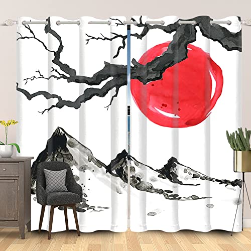 SDOTPMT 107x215cm Asiatisch Tuschemalerei Vorhang Rot Sonne Abstrakt Berg Baum Geäst Fenstervorhänge Japanisch Traditionell Blickdichte Vorhänge für Wohnzimmer Verdunkelung Vorhänge, 2 Stücke von SDOTPMT