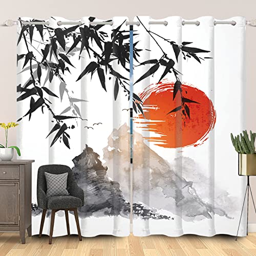 SDOTPMT 107x215cm Japanisch Klassisch Tinte Malerei Fenstervorhang Berg Fuji Rot Sonne Bambus Laub Orientalisch Traditionell Blickdichte Vorhänge für Wohnzimmer Verdunkelung Vorhänge, 2 Stücke von SDOTPMT