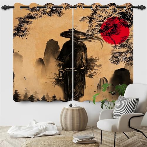 SDOTPMT 107x215cm Japanische Samurai Fenstervorhang Blatt des Baumes Rote Sonne Schwertkämpfer Jahrgang Bushido Skizzieren Fenster vorhänge für Schlafzimmer Lichtblockierung Vorhang, 2 Stücke von SDOTPMT