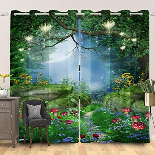 SDOTPMT 107x215cm Magie Wald Schiebevorhänge Märchen Pilz Laterne Grün Gras Schiebevorhänge Blume Urwald Natürlich Blickdichte Vorhänge für Wohnzimmer Verdunkelung Vorhänge, 2 Stücke von SDOTPMT