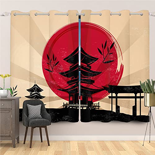 SDOTPMT 107x245cm Retro Japan Temple Window Curtain Red Sun Asian Asian Building Landscape Ukiyo-E Theme Window Treatment Thermal Insulated for Bedroom, 2 Pieces von SDOTPMT