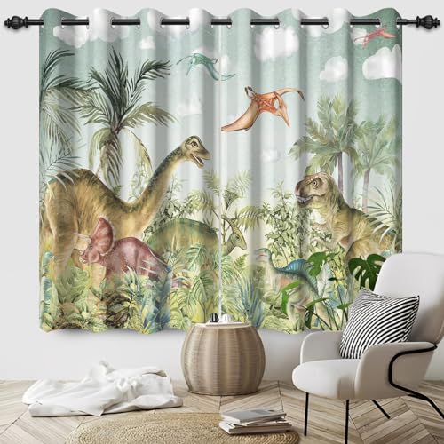 SDOTPMT 117x138cm Jurassic Tier Fenster Vorhang Ancient Wildlife Dinosaurier Druck Fenster Vorhänge Ursprüngliche Wald Fenster Behandlung für Kinder Schlafzimmer Dekor Verdunkelung Vorhänge,2 Platten von SDOTPMT