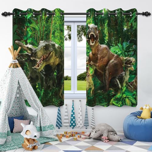 SDOTPMT 117x138cm Tropenwald Enormer Dinosaurier Fenstervorhang Sommerdschungel Uraltes Tier Grüner Baum Blätter Modern Fenster vorhänge Thermisch isoliert Vorhang für Schlafzimmer, 2 Stücke von SDOTPMT