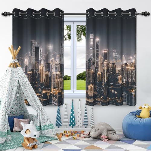 SDOTPMT 117x229cm Moderne Fenster Vorhang New York Skyline Wolkenkratzer bei Nacht Amerikanisches Stadtleben Bild Fenster Behandlungen für Schlafzimmer Fenster Vorhänge, 9 Panels von SDOTPMT
