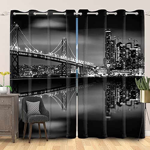 SDOTPMT 117x229cm Stadt Nacht Landschaft Fenstervorhang Berühmt Gebäude Brücke Urban Stadt Fenstervorhänge Metropole Skyline Blickdichte Vorhänge für Wohnzimmer Verdunkelung Vorhänge, 2 Stücke von SDOTPMT