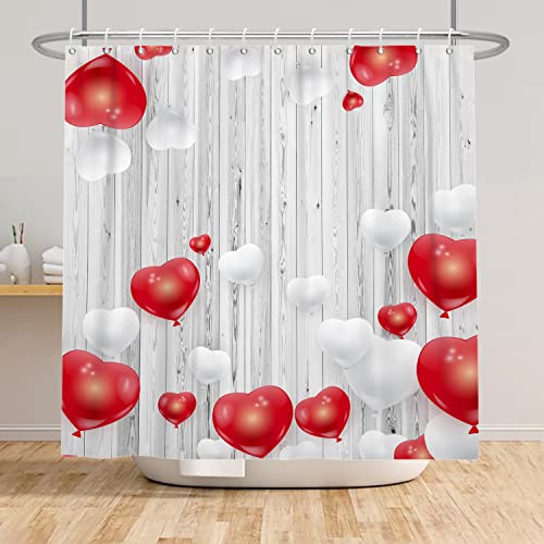 SDOTPMT 120x180cm Alles Gute zum Valentinstag Duschvorhang Retro Rustuz Hölzern Brett Rot Weiß Liebe Herz Muster Ballon Bauernhaus Thema Badezimmervorhang for Fest Feiertag Badewannen Dekor mit von SDOTPMT