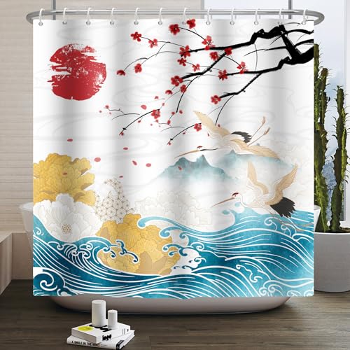 SDOTPMT 120x180cm Japanische Duschvorhänge Japan Ozean Fuji Berg Rote Sonne Kirschblüten Weißer Kranich Asiatische Japanische Traditionelle Ukiyo-e Kunst Badezimmer Vorhänge mit Haken von SDOTPMT