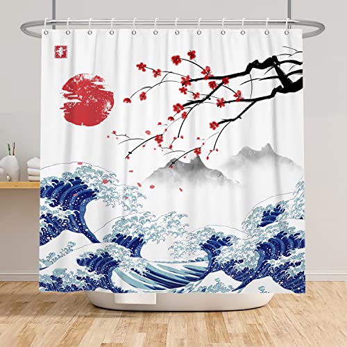 SDOTPMT 120x180cm Japanischer Mount Fuji Duschvorhang Kirschblüte Sonnenuntergang Asiatische Tinte Malerei Bad Vorhang Wave Landschaft Malerei Badewanne Vorhang für Badezimmer Dekor von SDOTPMT