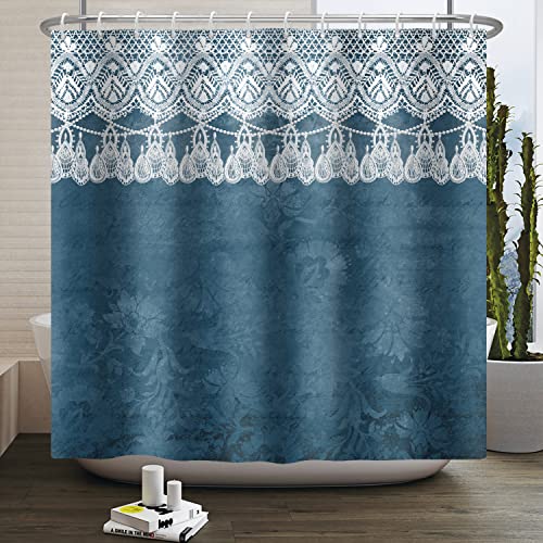 SDOTPMT 120x180cm Klassischer nordischer Stil Blau Duschvorhang Weiß Jacquard Diamant Formen Bad Vorhang Moderne ästhetische Badewanne Vorhang für Mädchen Badezimmer Dekor Polyester mit Haken von SDOTPMT