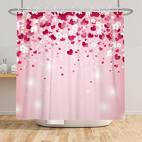 SDOTPMT 120x180cm Romantisch Herz Form Blumen Duschvorhang Valentinstag Romanze Rosa Badevorhang Fallend Rot Herz Blume Dusche Vorhang für Badezimmer Polyester mit Haken von SDOTPMT