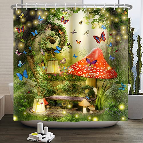 SDOTPMT 120x180cm Verzauberte Wald Duschvorhang Frühling Bunte Pilz Schmetterling Fantasie Bad Vorhang Wunderland Fee Dschungel Badewanne Vorhang für Kinder Badezimmer Dekor mit Haken von SDOTPMT