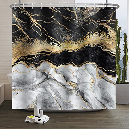 SDOTPMT 122x183cm Marmor Textur Duschvorhang Goldenes Pulver Funkelndes Schwarz Weiß Spleißen Bad Vorhang Moderne Klassische Badewanne Vorhang für Badezimmer Dekor mit Haken von SDOTPMT