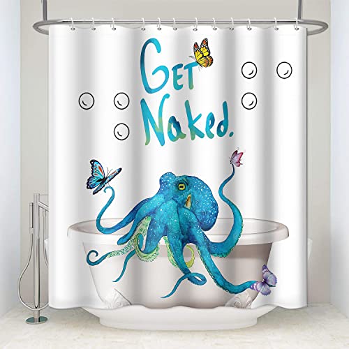 SDOTPMT 122x183cm Duschvorhang Süß Karikatur Tintenfisch in der Badewanne Schmetterling Badevorhang Ozean Kreatur Thema Badewanne Vorhang Stoff Polyester für Kind Badezimmer mit Haken von SDOTPMT