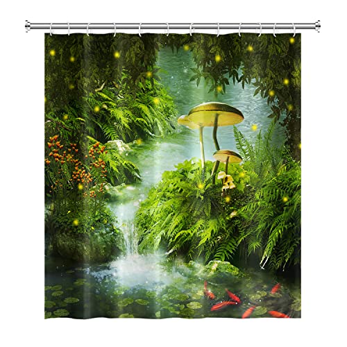 SDOTPMT 122x183cm Fee Wald Duschvorhang Magie Fantasie Pilz Grün Gras Baum Blätter Badevorhang Zen Fluss Badewanne Vorhang Stoff Polyester für Kind Badezimmer Badevorhang mit Haken von SDOTPMT