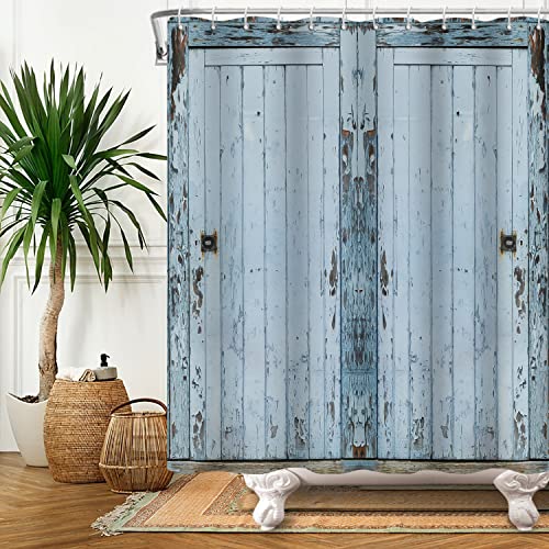 SDOTPMT 122x183cm Holz Planke Duschvorhang Rustikal Blass Blau Alt Hartholz Jahrgang Tafel Boden Badevorhang Ländlich Bauernhaus Landschaft Badewannenvorhang für Badezimmer Polyester mit Haken von SDOTPMT