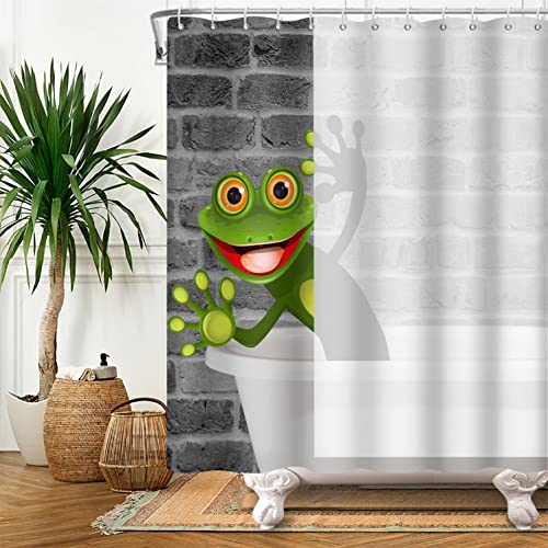 SDOTPMT 122x183cm Karikatur Frosch Duschvorhang Süß Komisch Frosch mit Groß Auge Tier Badevorhang Grau Backstein Wand Weiß Badewannenvorhang für Kinder Badezimmer Polyester Wasserdicht mit Haken von SDOTPMT