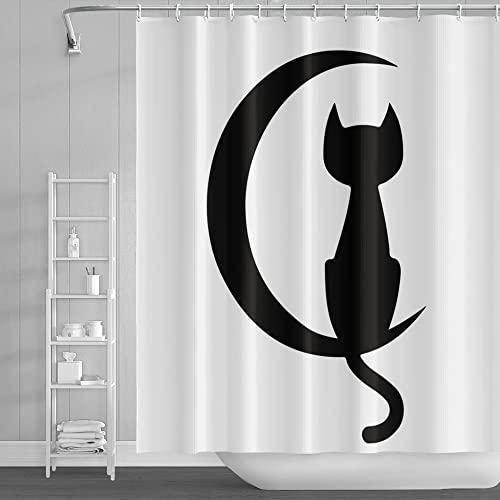 SDOTPMT 122x183cm Katze Silhouette Duschvorhang Abstrakt Niedlich Karikatur Katze Mond Modern Badevorhang Schwarz Weiß Badewannenvorhang für Kinder Badezimmer Polyester Wasserdicht mit Haken von SDOTPMT