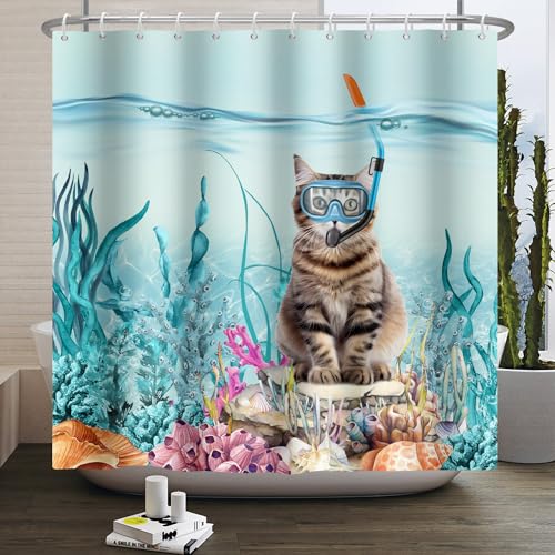 SDOTPMT 122x183cm Lustige Katze Duschvorhang Nettes Kätzchen Tauchen in Teal Blau Ozean Koralle Marine Alga Badezimmer Vorhang Stoff Polyester Badezimmer Dekor mit Haken SDOTPMT 122x183cm Lustige Katze Duschvorhang Nettes Kätzchen Tauchen in Teal Blau Ozean Koralle Marine Alga Badezimmer Vorhang Stoff Polyester Badezimmer Dekor mit Haken von SDOTPMT