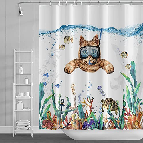 SDOTPMT 122x183cm Lustige Katze Schwimmen im Unterwasser Duschvorhang Ozean Welt Meer Schildkröte Tintenfisch Fisch Seegras Badevorhang für Kinder Kinder Badezimmer Vorhang mit Haken von SDOTPMT