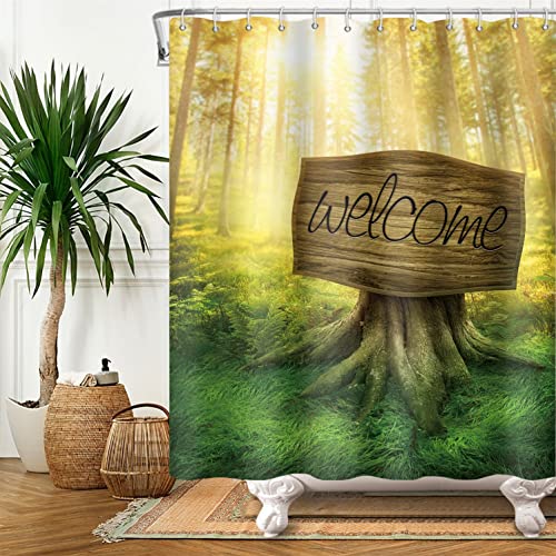 SDOTPMT 122x183cm Magie Wald Duschvorhang Fantasie Grünes Gras Baum Blätter Sonnig Badevorhang Märchenland Dschungel Thema Badewanne Vorhang Stoff Polyester für Kind Badezimmer mit Haken von SDOTPMT